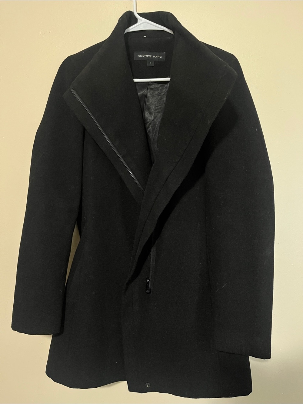 Andrew Marc Black Wool-Blend Asymmetrical Zip Coat